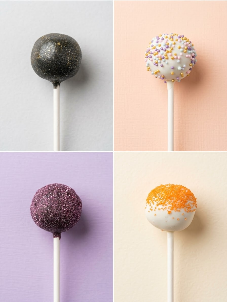 Four homemade cake pops on colored paper
